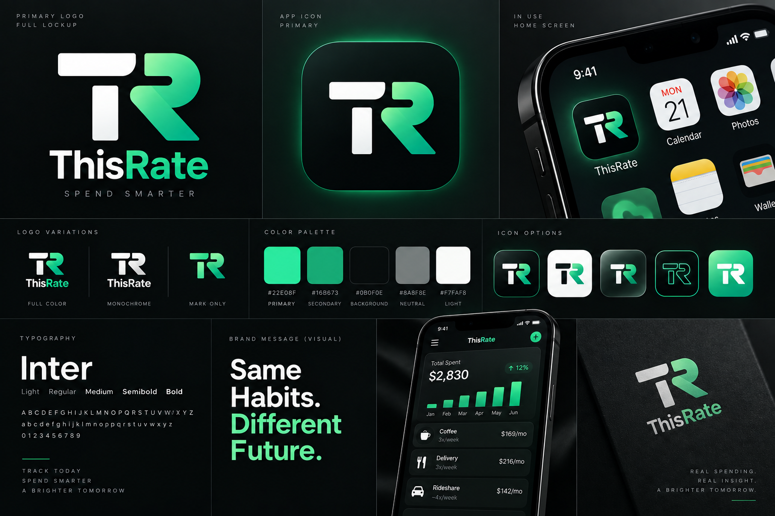 ThisRate identity system, app icon, interface mockup, typography, and color palette