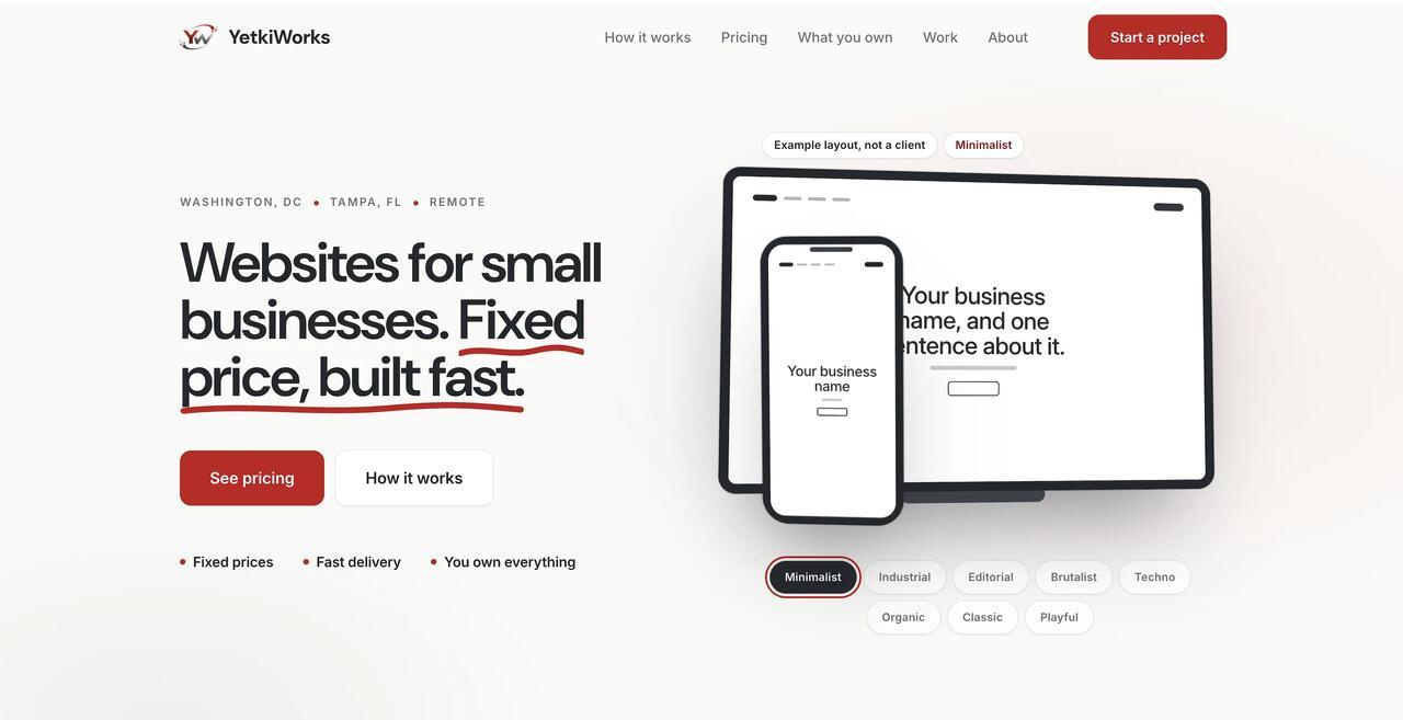 YetkiWorks website with fixed-price web development offer and visual style selector